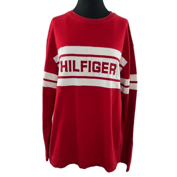 Vintage TOMMY HILFIGER Spellout Red White Cotton Long Sleeve Sweatshirt Size XL - Picture 1 of 10